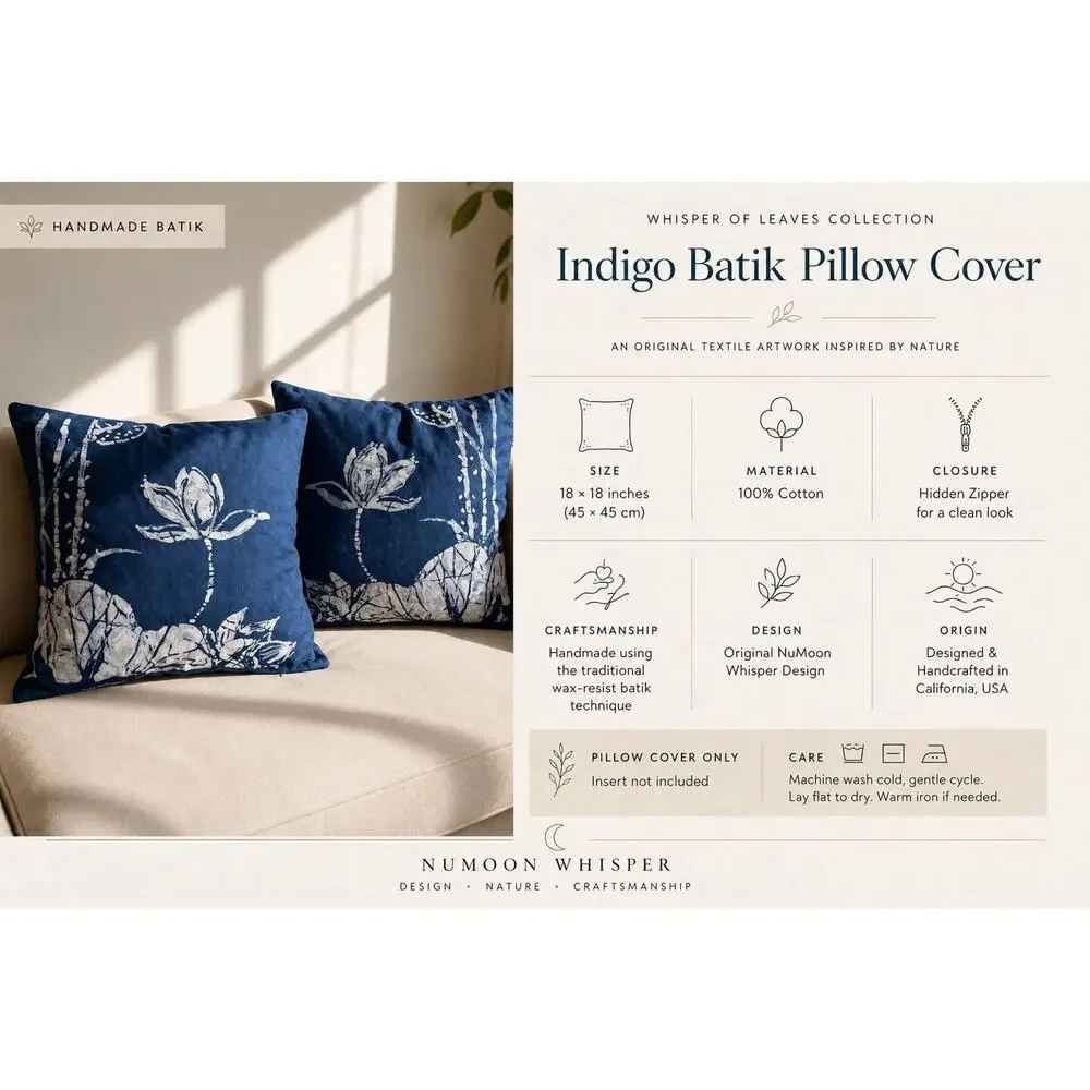 Handmade Lotus Pillow Cover | Indigo Batik Throw Pillow Cover